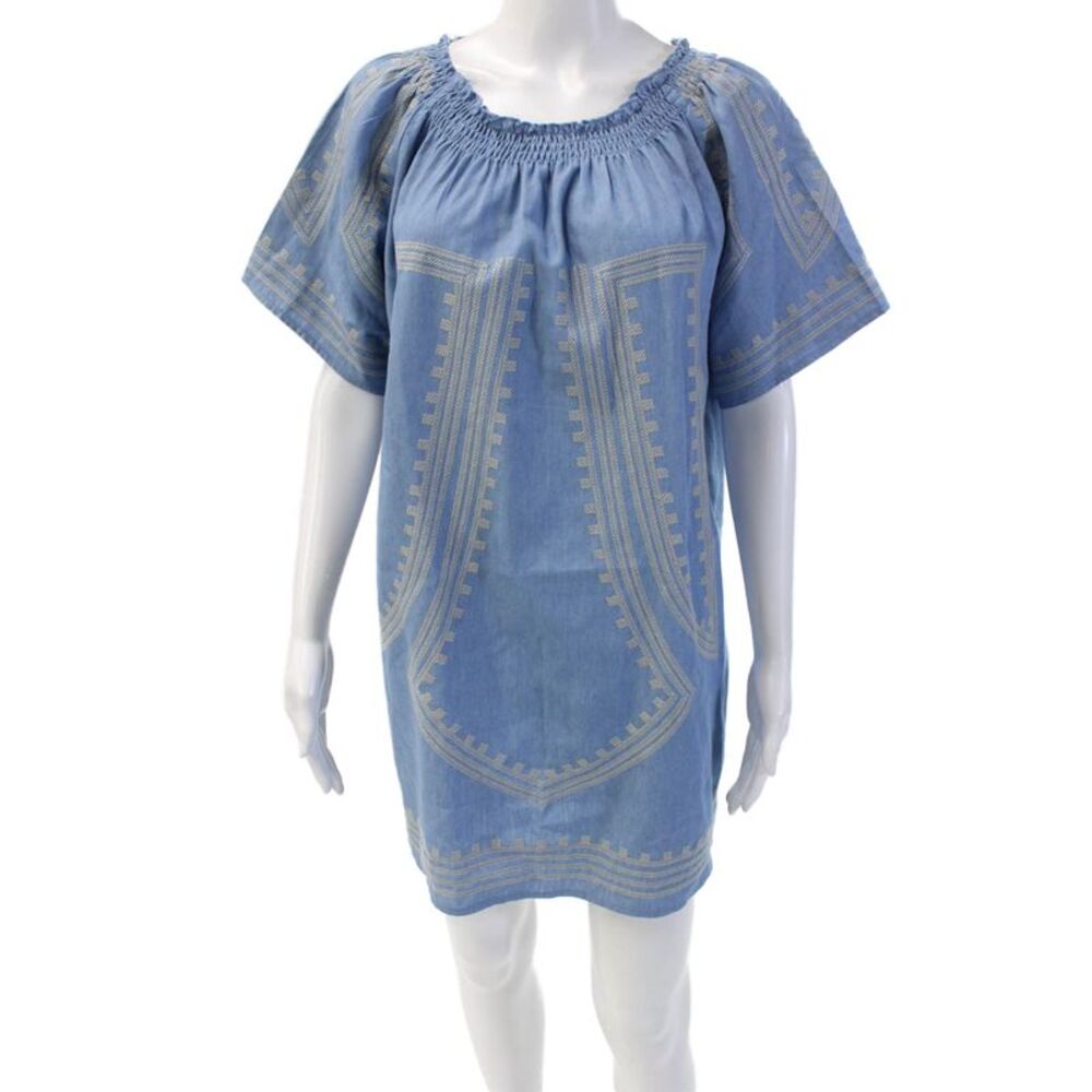 The Wallflower Womens Cotton Ruched Embroidered Short Sleeve Dress Blue Size M